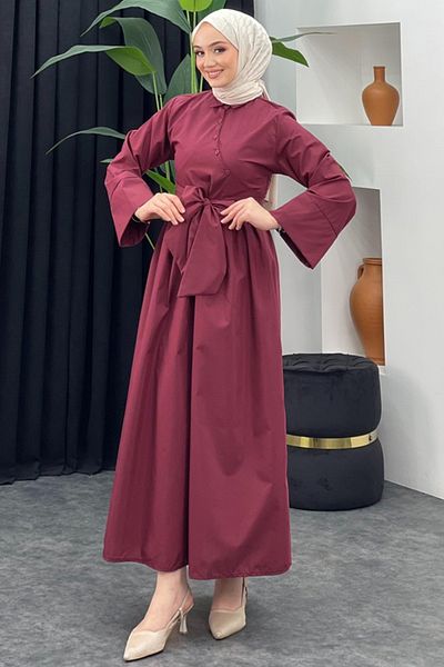 Tesettür Diyarı Women's Tie Detailed Shirt Dress - Burgundy