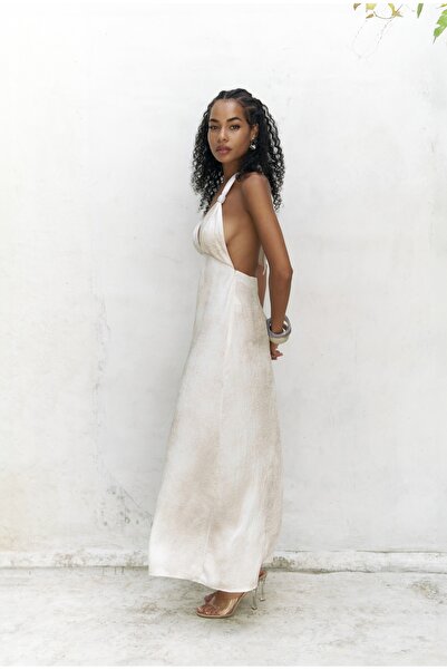 BOHEMAİ Bahirfiyon Bağlamalı Boncuk Detaylı Bej Uzun Elbise