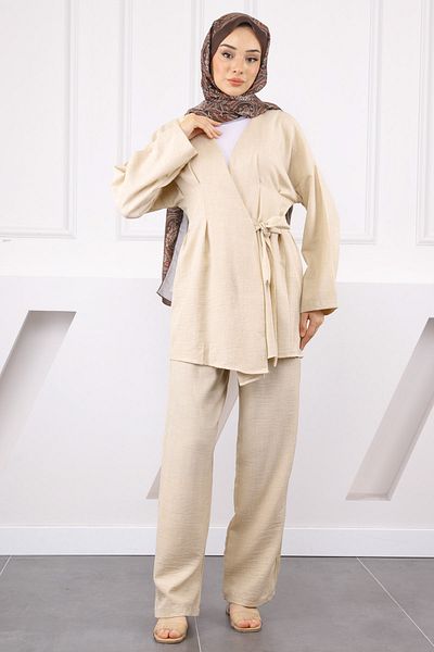 İmajButik Beige Cross Tied Linen Kimono Pants Set