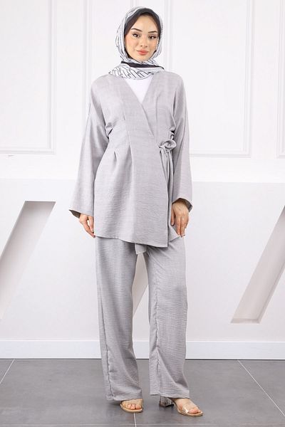 İmajButik Gray Cross Tied Linen Kimono Pants Set