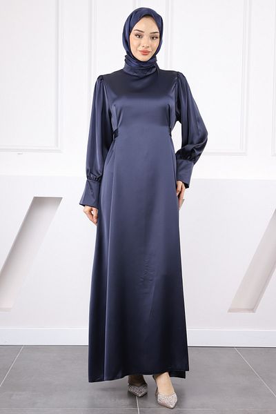 İmajButik Βραδινό φόρεμα σατέν με μανικετόκουμπα μπλε ναυτικό και ζώνη μέσης