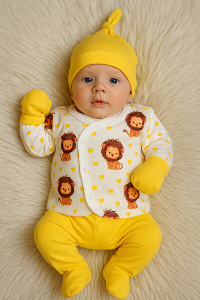 Linda Harris Lion Pattern Sarı 5'li Yenidoğan Bebek Hastane Çıkışı Seti