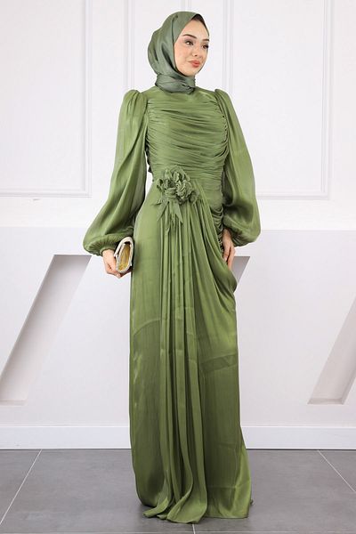 İmajButik Βραδινό φόρεμα Oil Green με μπροστινό ντραπέ τριαντάφυλλο