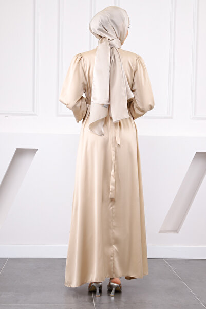 İmajButik Μπεζ βραδινό φόρεμα με μανικετόκουμπα και ζώνη σατέν