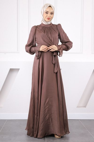 İmajButik Βραδινό φόρεμα με λεπτομέρεια με μανίκια με πλαϊνό δέσιμο Koyuv Mink