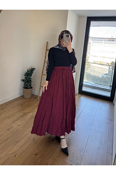 She Olive Kraş Skirt with Elastic Waist Burgundy