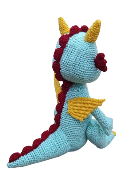 EL YAPIMI El Yapımı Amigurumi Ejderha Oyuncak – Mavi Sarı Kırmızı – 33 cm – Örgü Ejderha