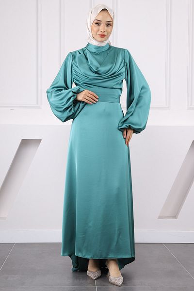 İmajButik Βραδινό φόρεμα με πράσινο μπαλόνι μανίκι σατέν