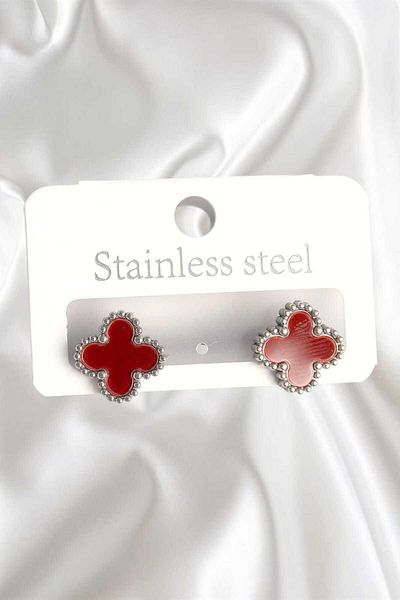 REBORN DESIGN 316L Steel Silver Color Processing Detailed Clover Model Women's Earrings