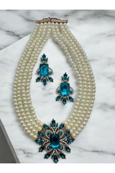FUYA JEWELLERY Kristal Taşlı İnci Kolye, Küpe Set