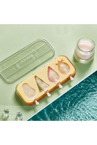 Generic 2 3D Silicone Ice Cream Molds with 4 Popsicles, Hard Sides for Protection, Clear Lid, and 5 Sticks