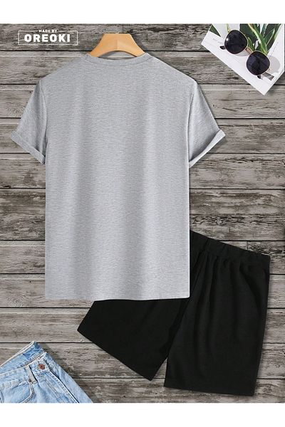 EFFRENATU Bklyn Printed Cotton Fabric Men's Gray T-Shirt- Black Shorts Set