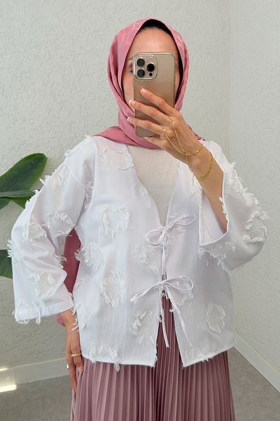 Salih Çelebi Patch Ripped Detailed Kimono 2330 - White