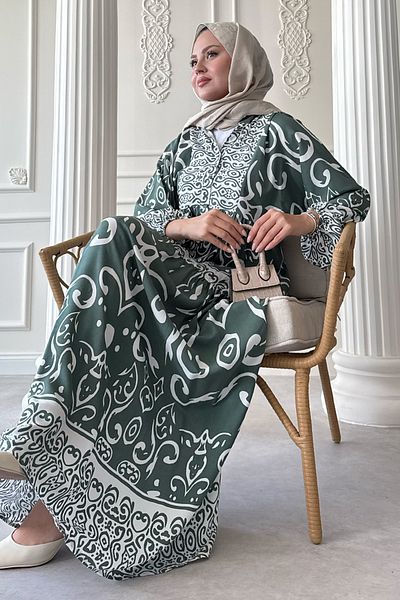 InStyle Curved Spiral Pattern Green Viscose Dress