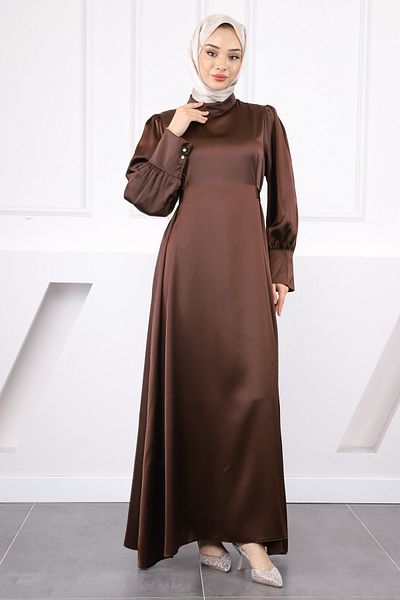 İmajButik Καφέ Σατέν Βραδινό Φόρεμα με Μανικετόκουμπα και Ζώνη στη μέση
