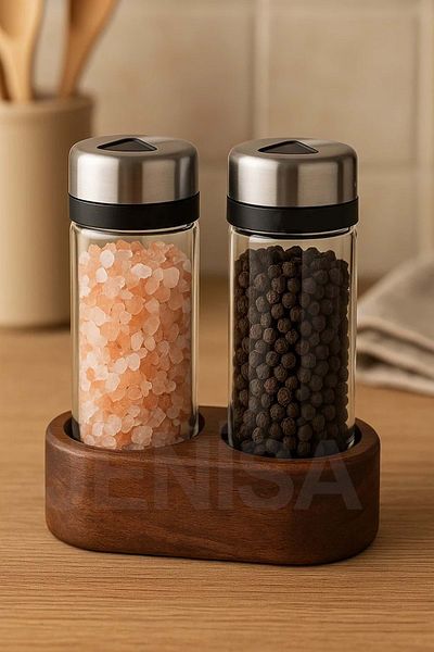 Jenisa Set of 2 Glass Salt and Pepper Shakers with Stainless Lid and Wooden Stand Spice Rack – Wenge Wood Stand