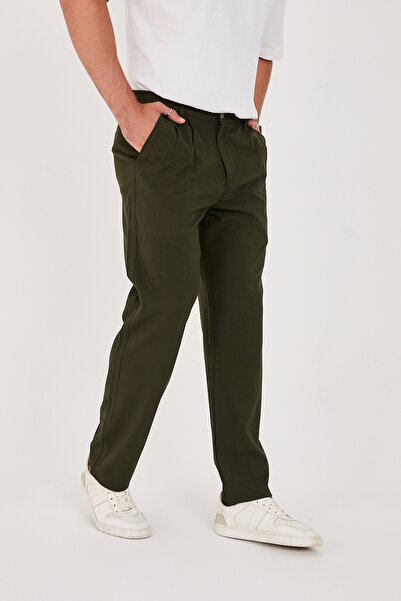 ESSİMA Erkek Haki Baggy Fit Lastikli Bel Çift Pileli Rahat Kumaş Pantolon