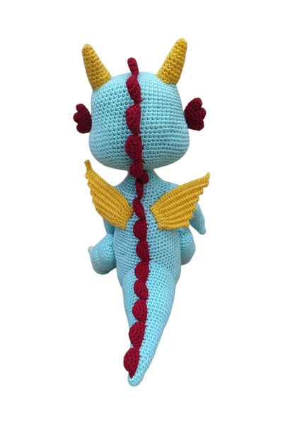 EL YAPIMI El Yapımı Amigurumi Ejderha Oyuncak – Mavi Sarı Kırmızı – 33 cm – Örgü Ejderha