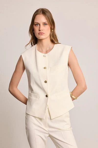 Gusto Linen Blend Long Vest - Ecru