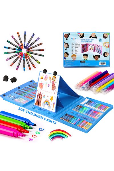 WePro Store Set complet de pictură și desen, 208 piese, markere, creioane, pasteluri, acuarele, cutie albastră
