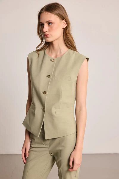 Gusto Linen Blend Long Vest - Green
