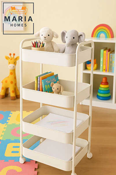 MARIA HOMES 4-Tier White Rolling Kitchen Storage Cart – Organizer for Spices, Jars, Fruits & Pantry Essentials