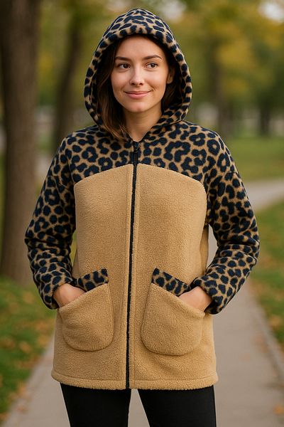 DHDmoda Leopard Pattern Hooded Plush Fleece Fabric Zipper Jacket