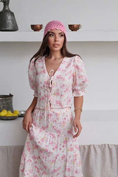 Lusin Women's Premium Quality Patterned Kimono Blouse Lined Skirt Bottom Top Double Set