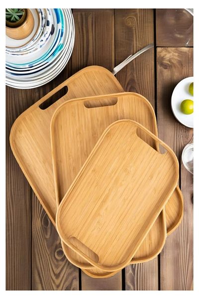 ROYALGROSS Natural Bamboo Rectangular Serving Tray Set - 3 Pieces