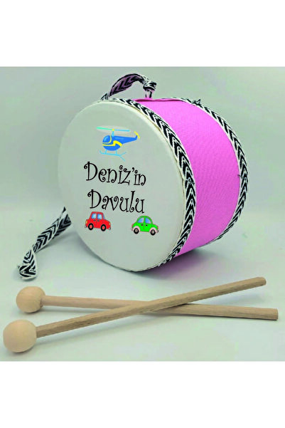 BAKSEPETE Kişiye Özel Helikopterli Deri Oyuncak Çocuk Davulu Pembe (1-5 Yaş)