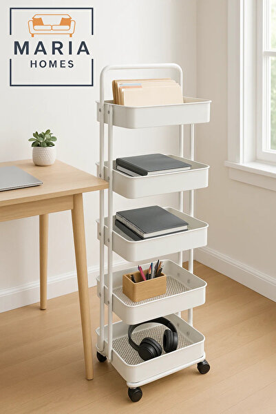 MARIA HOMES 5-Tier Rolling Storage Cart – White Metal Wheels for Home, Office, Kitchen Use