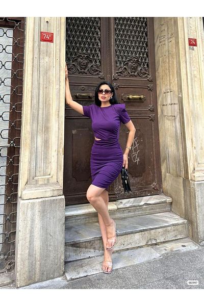Modafeminen Low Waist Gathered Short Sleeve Dress 582997 Purple