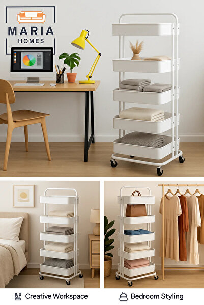 MARIA HOMES 5-Tier Rolling Storage Cart – White Metal Wheels for Home, Office, Kitchen Use