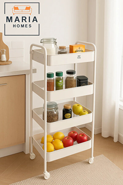 MARIA HOMES 4-Tier White Rolling Kitchen Storage Cart – Organizer for Spices, Jars, Fruits & Pantry Essentials