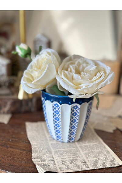 Handmadesign El yapımı seramik saksı lacivert mavi beyaz Bodrum yaz esintili blueblanc tarzı vazo dekoratif