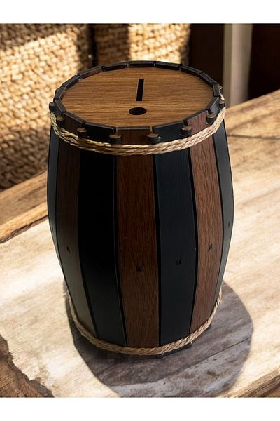 ATABY Decorative Gift Wooden Barrel Piggy Bank with Key 20X14 cm