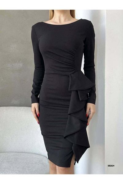 Modafeminen Λεπτομέρεια βολάν με μακρυμάνικο λαιμόκοψη Εισαγόμενο ρούχο από κρεπ ύφασμα 582634 Μαύρο