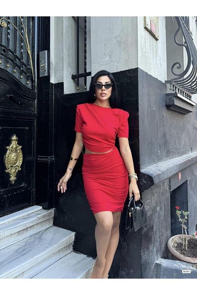 Modafeminen Low Waist Gathered Short Sleeve Dress 582997 Red