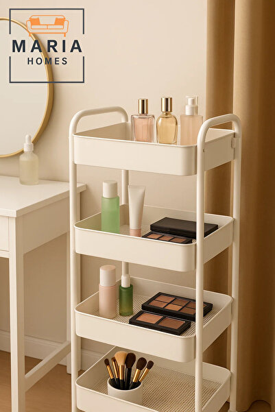 MARIA HOMES 4-Tier White Rolling Kitchen Storage Cart – Organizer for Spices, Jars, Fruits & Pantry Essentials