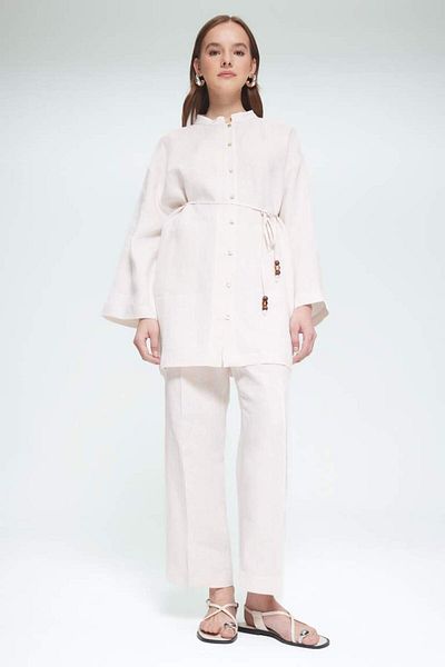 DeFacto 100% Linen Regular Fit Lace-Up Long Sleeve Shirt Tunic D4394Ax25Sm