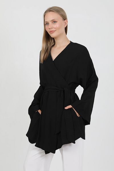 PASTELASTORE Natural Viscose Fabric Women's Kimono with Pockets and Belt 1168 – Collarless, Lightweight, Flowy, Summer Model