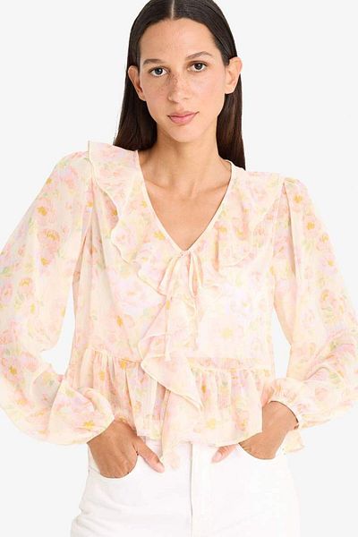 DeFacto Regular Fit Floral Chiffon Long Sleeve Blouse F4881Ax25Sm