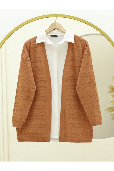 Modamorfo Mixed Patterned Openwork Knitwear Cardigan -Cinnamon