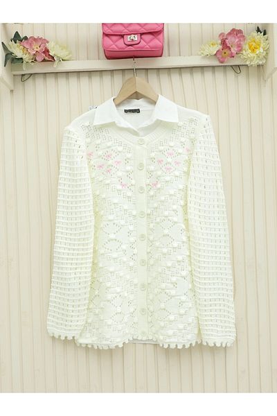 Modamorfo Pompom Buttoned Ribbon Embroidered Openwork Knitwear Cardigan -White