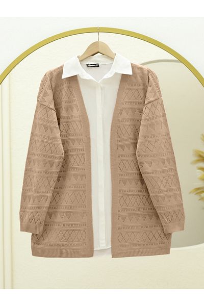 Modamorfo Mixed Patterned Openwork Knitwear Cardigan -Mink