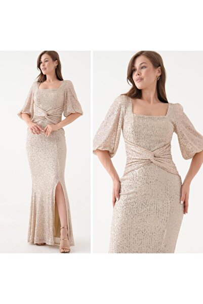 BK BOUTİQUE Işıltılı Payetli Balon Kol Yırtmaçlı Kare Yaka Uzun Abiye