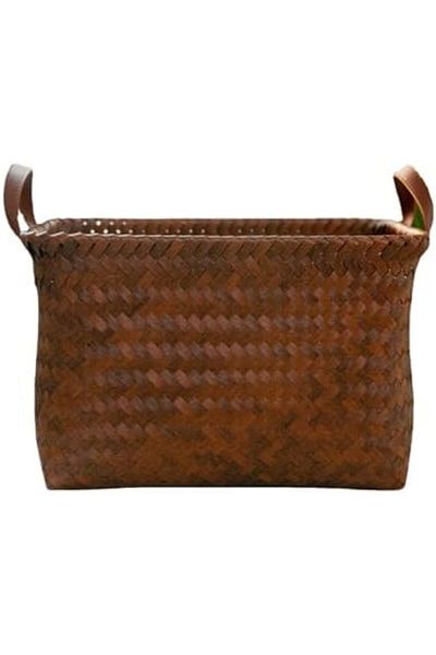 NEXIFY Rectangular Rattan Storage Basket with Handle, Coffee Color