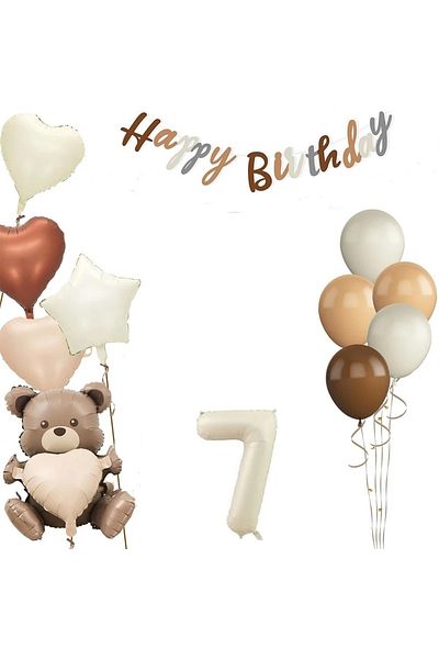DÜVENCİ TİCARET Sitting Heart Bear Retro Color Birthday Age Balloon Set