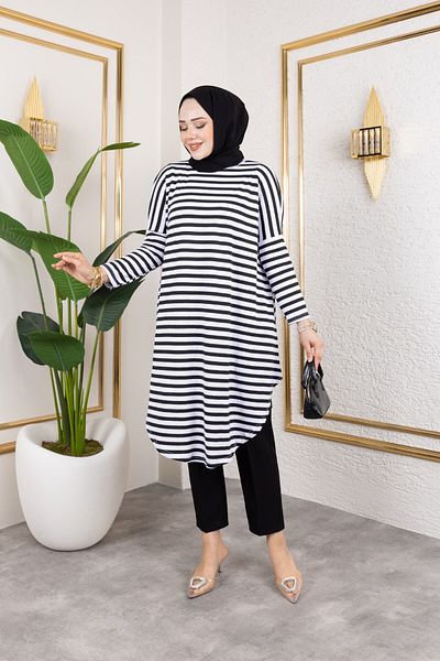 Eliva Women's White Black Striped Combed Cotton Hijab Tunic