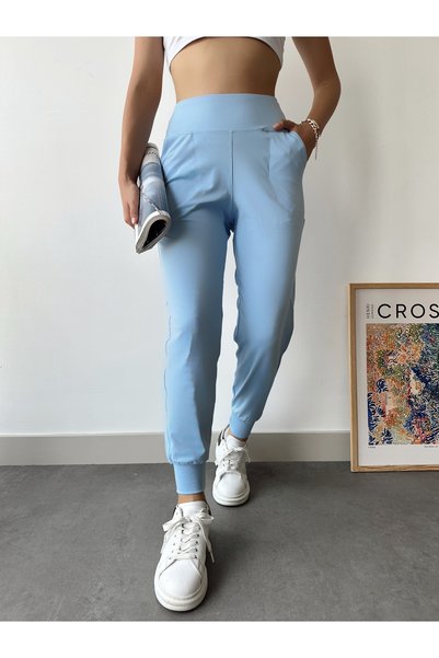 Bonne Maison Women's Blue High Waist Stretchy Jogger Sweatpants